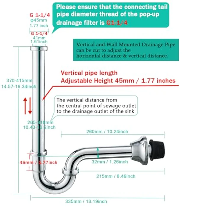 Brass P Trap U-Shape 1 1/4 inch Sink Drain Pipe with Slip Joint Extension Tub,12 inch Vertical Pipe length Adjustable Height Sink Waste Trap Drain Kit Chrome,SE83555C-L by SEABEFORE - Image 2