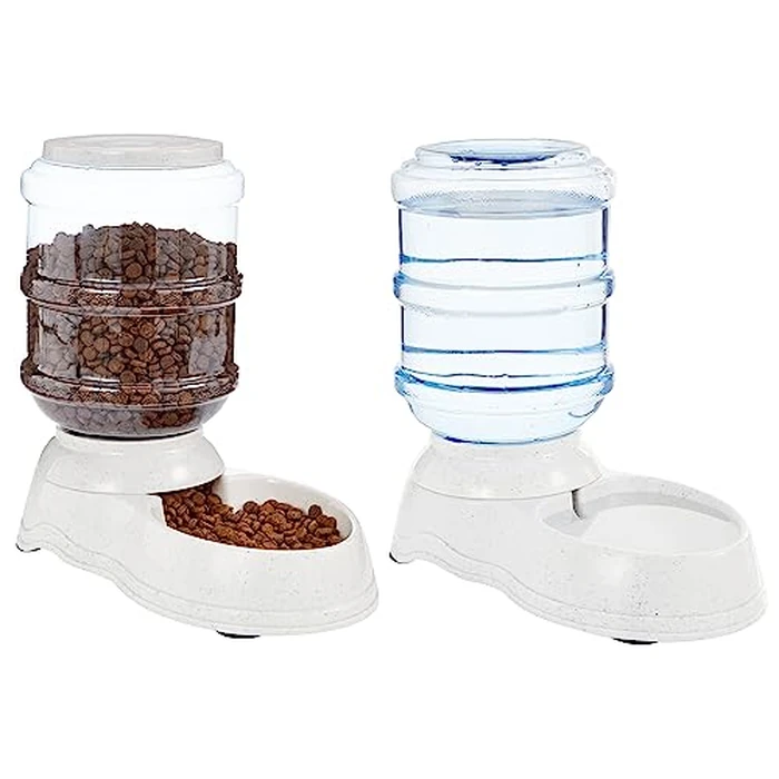 Amazon Basics Automatic Pet Water Dispenser and Gravity Food Feeder Set for Cat and Dog, Easy to Clean, 6-Pound Food Capacity, 1-Gallon, Small, Gray, Pack of 2 by Amazon Basics - Used - Very Good condition - US$21.92