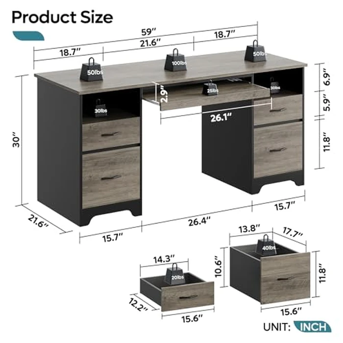 Bestier Computer Desk with 4 Drawers, 59” Office Desk with Storage, Industrial Executive Desk with File Drawer, Keyboard Tray for Home Office & Studio, Dark Gray Oak by Bestier - Image 3