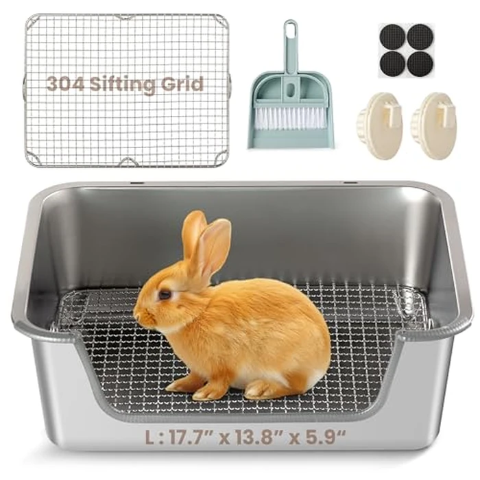 Aothey Rabbit Litter Box, Extra Large Bunny Litter Box with 304 Stainless Steel Sifting Tray & Hooks, Rabbit Litter Box, Easy to Clean and Odor Control (17.7" x 13.8" x 5.9") by Aothey - Used - Like New condition - US$55.79