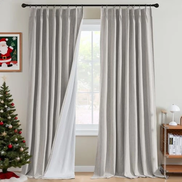 H.VERSAILTEX Pinch Pleated Full Blackout Curtains Linen Blended Chenille Blackout Curtains 84 inch Length 2 Panels Bedroom Thermal Insulated Farmhouse Neutral Track Drapes with Hooks, Heather Cloud by H.VERSAILTEX - Used - Acceptable condition