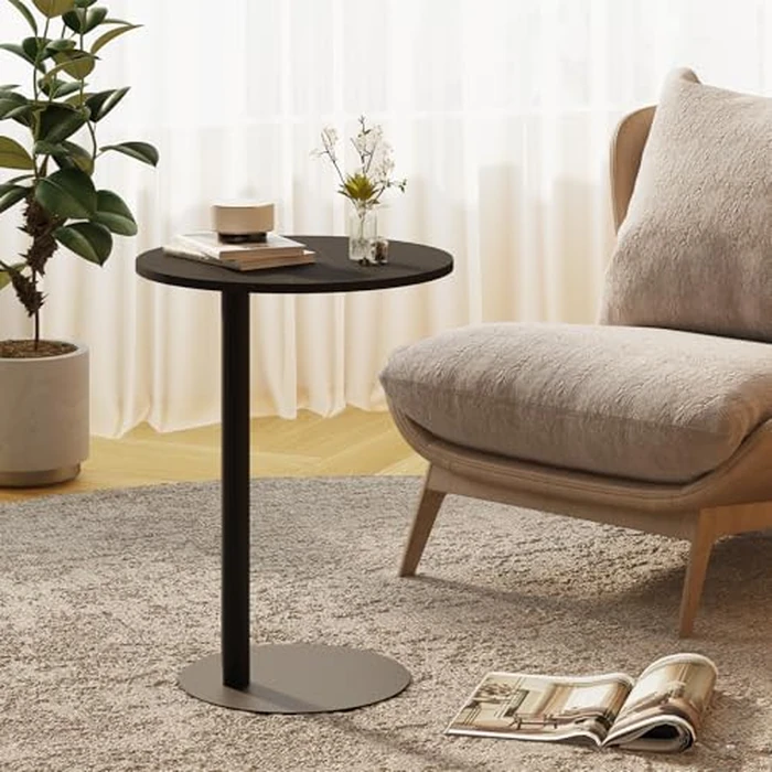 C Shaped End Table, Round Side Table, Small Drink Tv Tray Table for Small Spaces,Modern Accent Nightstand with Metal Leg for Living Room, Bedroom, Corners, and Office(Black) by Katrawu - Image 5