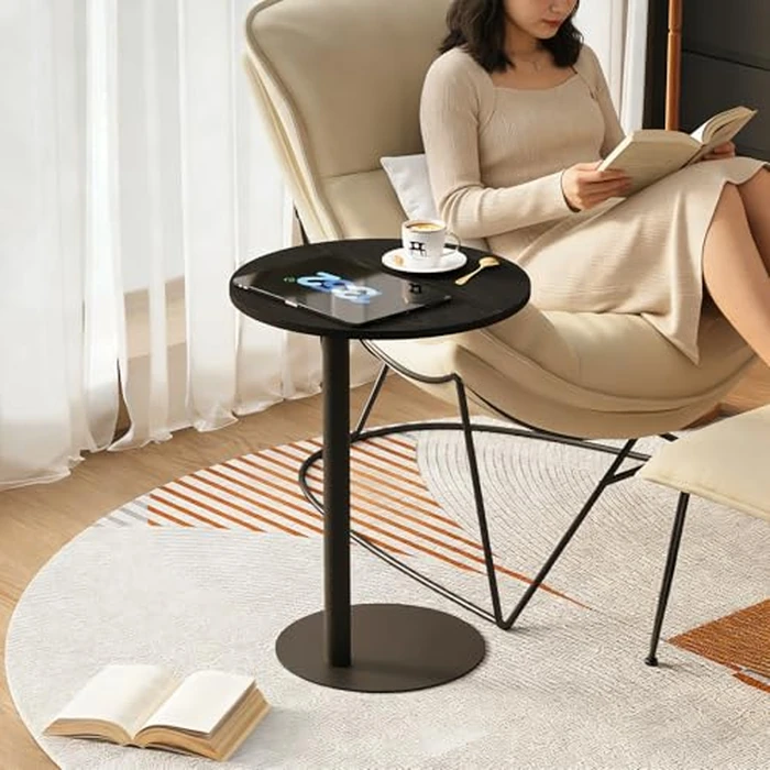 C Shaped End Table, Round Side Table, Small Drink Tv Tray Table for Small Spaces,Modern Accent Nightstand with Metal Leg for Living Room, Bedroom, Corners, and Office(Black) by Katrawu - Image 8