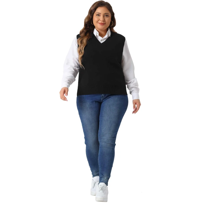 Agnes Orinda Plus Size Sweater Vest for Women V Neck Knit Vests Solid Classic Sleeveless Pullover Sweaters Tops 2X Black by Agnes Orinda - Image 10