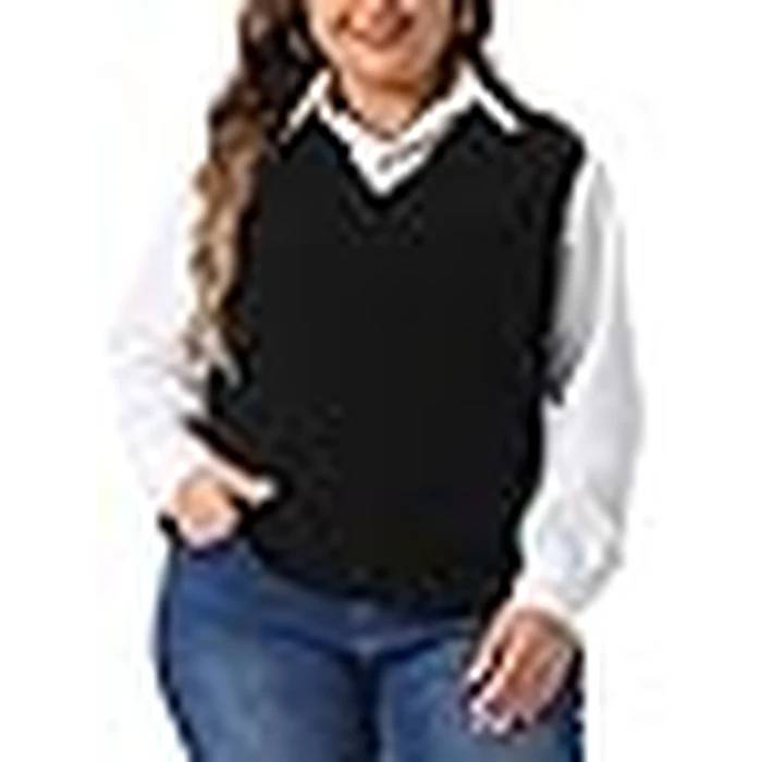 Agnes Orinda Plus Size Sweater Vest for Women V Neck Knit Vests Solid Classic Sleeveless Pullover Sweaters Tops 2X Black by Agnes Orinda - Image 3