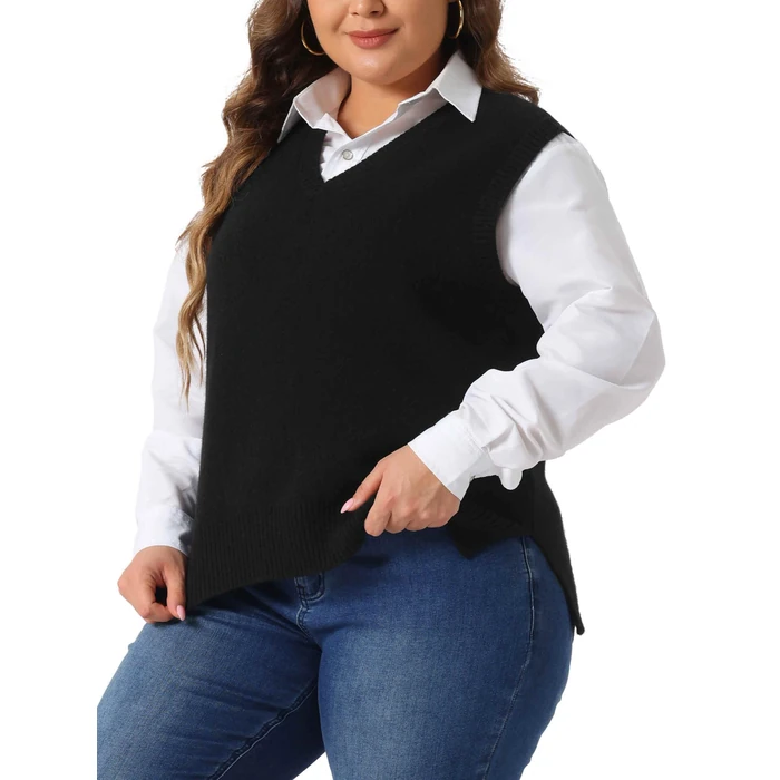 Agnes Orinda Plus Size Sweater Vest for Women V Neck Knit Vests Solid Classic Sleeveless Pullover Sweaters Tops 2X Black by Agnes Orinda - Image 4
