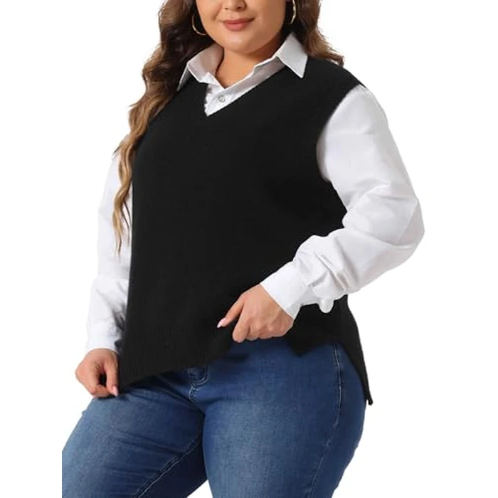 Agnes Orinda Plus Size Sweater Vest for Women V Neck Knit Vests Solid Classic Sleeveless Pullover Sweaters Tops 2X Black by Agnes Orinda - Image 5