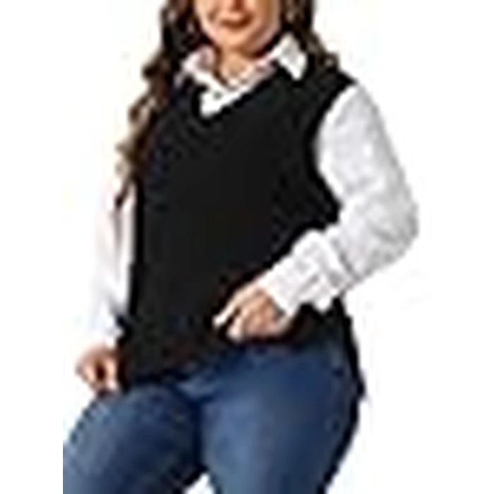 Agnes Orinda Plus Size Sweater Vest for Women V Neck Knit Vests Solid Classic Sleeveless Pullover Sweaters Tops 2X Black by Agnes Orinda - Image 6
