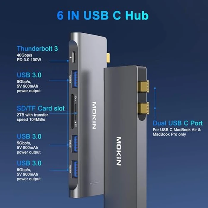 USB C Adapter for MacBook Pro/Air M1 M2 2021 2020 2019 2018,MOKiN Hub MacBook Pro Accessories with 3 USB 3.0 Ports,USB C to SD/microSD Card Reader and 100W Thunderbolt 3 PD Port by MOKiN - Image 2