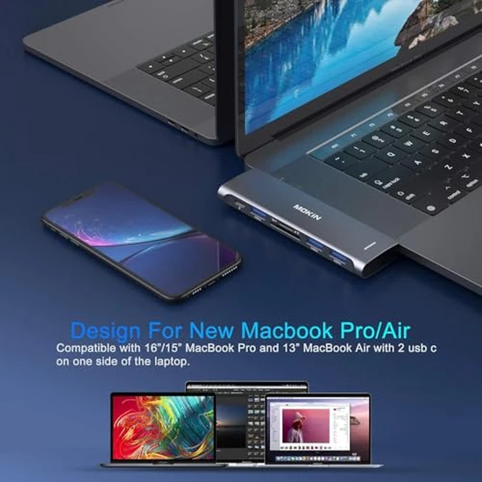 USB C Adapter for MacBook Pro/Air M1 M2 2021 2020 2019 2018,MOKiN Hub MacBook Pro Accessories with 3 USB 3.0 Ports,USB C to SD/microSD Card Reader and 100W Thunderbolt 3 PD Port by MOKiN - Image 6