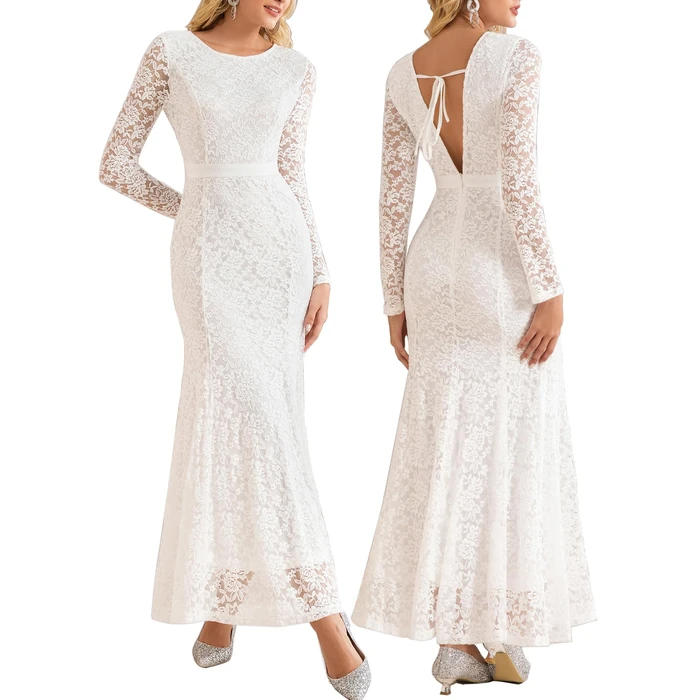 LRISES Womens Floral Lace Backless V-Back Dress White Long Sleeves Bridesmaid Formal Evening Wedding Party Maxi Dresses by LRISES - Image 1