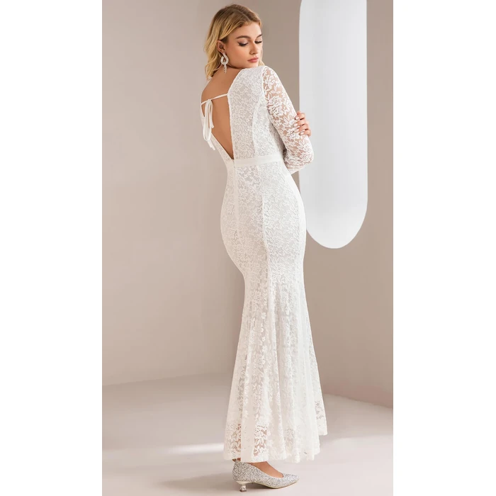 LRISES Womens Floral Lace Backless V-Back Dress White Long Sleeves Bridesmaid Formal Evening Wedding Party Maxi Dresses by LRISES - Image 3