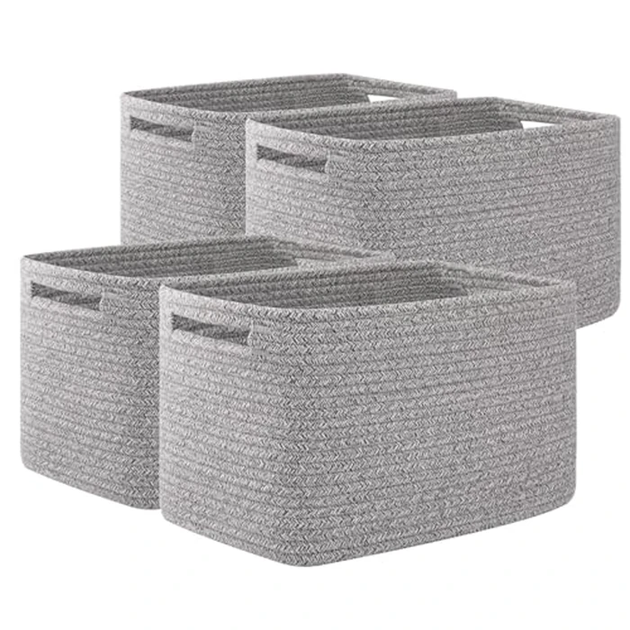 OIAHOMY 4 Pack Storage Baskets for Organizing, Cube Storage Bins for Shelves, Rectangle Storage Baskets With Handles, Woven Baskets for Storage, 12.7''Lx9''Wx7.8''H, Grey by OIAHOMY - Used - Very Good condition