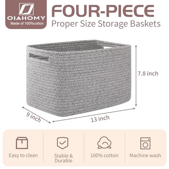 OIAHOMY 4 Pack Storage Baskets for Organizing, Cube Storage Bins for Shelves, Rectangle Storage Baskets With Handles, Woven Baskets for Storage, 12.7''Lx9''Wx7.8''H, Grey by OIAHOMY - Image 2