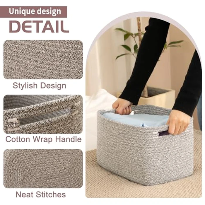 OIAHOMY 4 Pack Storage Baskets for Organizing, Cube Storage Bins for Shelves, Rectangle Storage Baskets With Handles, Woven Baskets for Storage, 12.7''Lx9''Wx7.8''H, Grey by OIAHOMY - Image 3