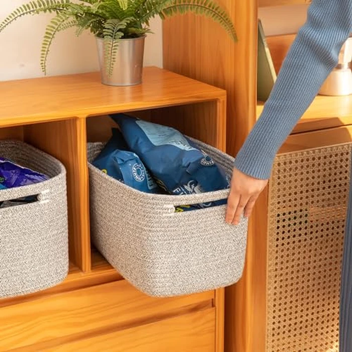OIAHOMY 4 Pack Storage Baskets for Organizing, Cube Storage Bins for Shelves, Rectangle Storage Baskets With Handles, Woven Baskets for Storage, 12.7''Lx9''Wx7.8''H, Grey by OIAHOMY - Image 4