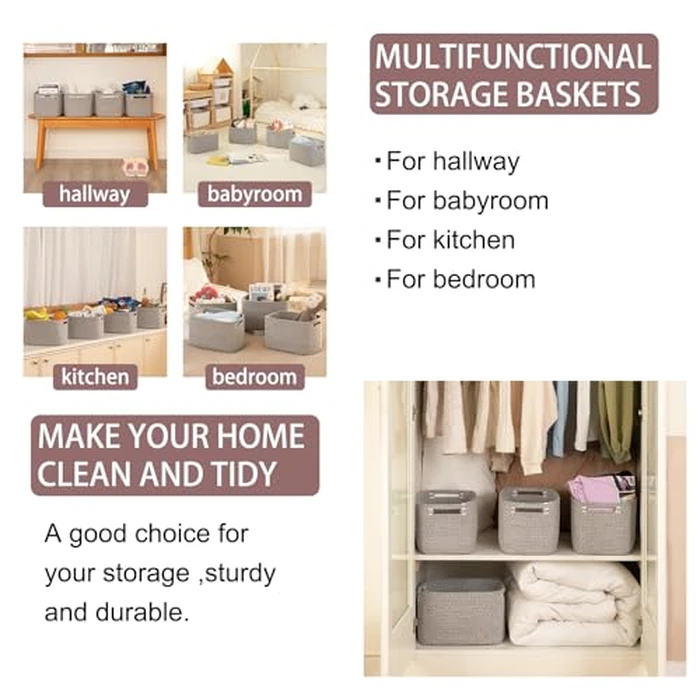 OIAHOMY 4 Pack Storage Baskets for Organizing, Cube Storage Bins for Shelves, Rectangle Storage Baskets With Handles, Woven Baskets for Storage, 12.7''Lx9''Wx7.8''H, Grey by OIAHOMY - Image 6