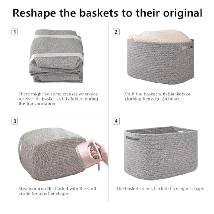 OIAHOMY 4 Pack Storage Baskets for Organizing, Cube Storage Bins for Shelves, Rectangle Storage Baskets With Handles, Woven Baskets for Storage, 12.7''Lx9''Wx7.8''H, Grey by OIAHOMY - Image 7
