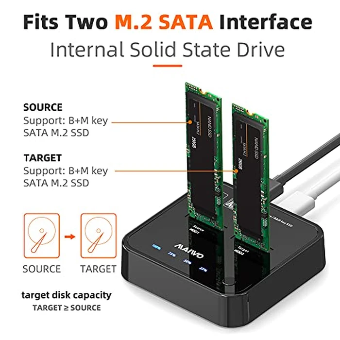Dual M.2 SATA SSD Docking Station & Offline Duplicator | USB-C + USB-A | One-Click Clone | Supports B/M Key 2242/2260/2280/22110 | Tool-Free Design for Data Backup & SSD Expansion by MAIWO - Image 2
