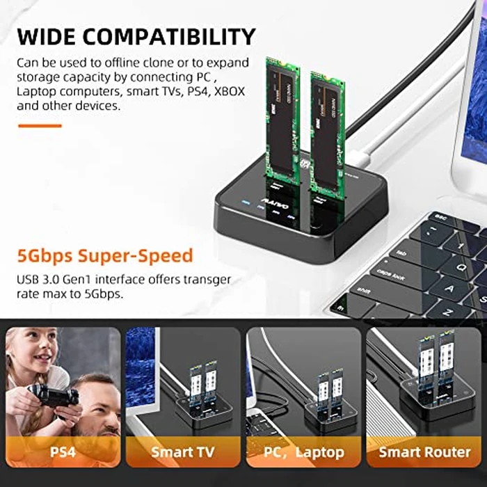 Dual M.2 SATA SSD Docking Station & Offline Duplicator | USB-C + USB-A | One-Click Clone | Supports B/M Key 2242/2260/2280/22110 | Tool-Free Design for Data Backup & SSD Expansion by MAIWO - Image 7