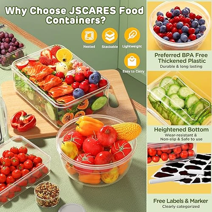 JSCARES 40 PCS Food Storage Containers with Lids Airtight (20 Lids &20 Containers) - Leakproof Meal-Prep Containers for Kitchen Storage Reusable Plastic Microwave/Dishwasher Safe with Labels & Pen by JSCARES - Image 4
