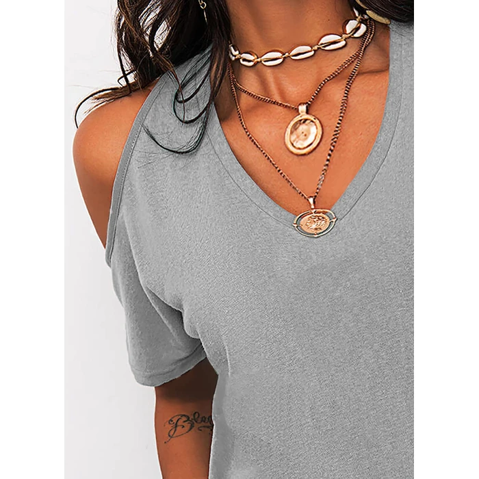 Eurivicy Women's Summer Cold Shoulder T-Shirt Casual Short Sleeve V Neck Blouse Top Grey by Eurivicy - Image 4