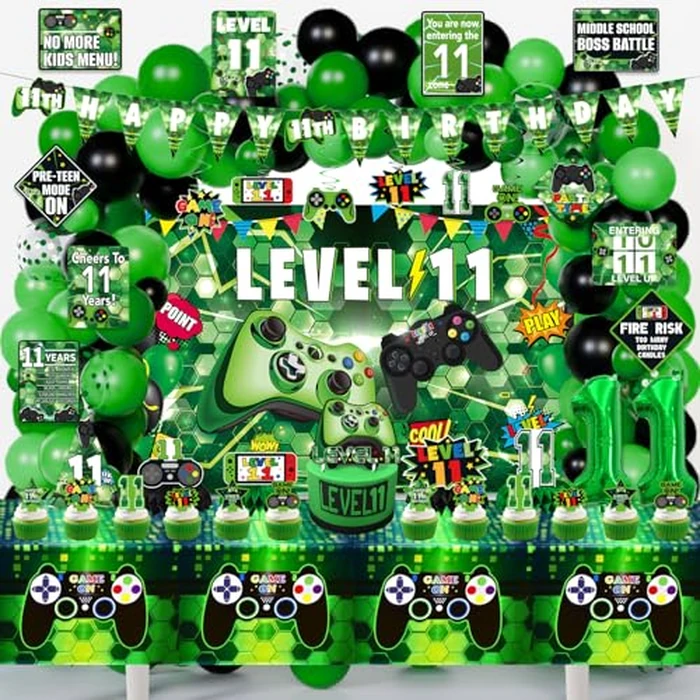 KOTLMIGHT 11th Birthday Decorations for Boys, 149Pcs Green Video Game level 11 Party Supplies for Boy 11th Birthday - Backdrop, Banner, Tablecloth, Centerpieces, Hanging Swirl, Hat, Wall Signs by KOTLMIGHT - Image 1