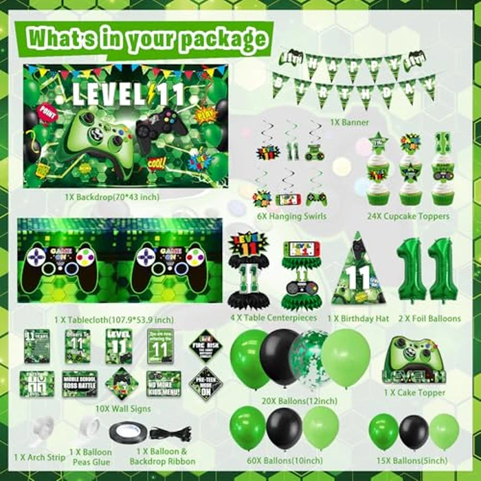 KOTLMIGHT 11th Birthday Decorations for Boys, 149Pcs Green Video Game level 11 Party Supplies for Boy 11th Birthday - Backdrop, Banner, Tablecloth, Centerpieces, Hanging Swirl, Hat, Wall Signs by KOTLMIGHT - Image 2