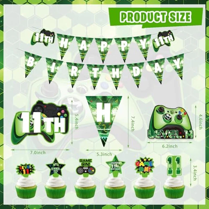 KOTLMIGHT 11th Birthday Decorations for Boys, 149Pcs Green Video Game level 11 Party Supplies for Boy 11th Birthday - Backdrop, Banner, Tablecloth, Centerpieces, Hanging Swirl, Hat, Wall Signs by KOTLMIGHT - Image 3