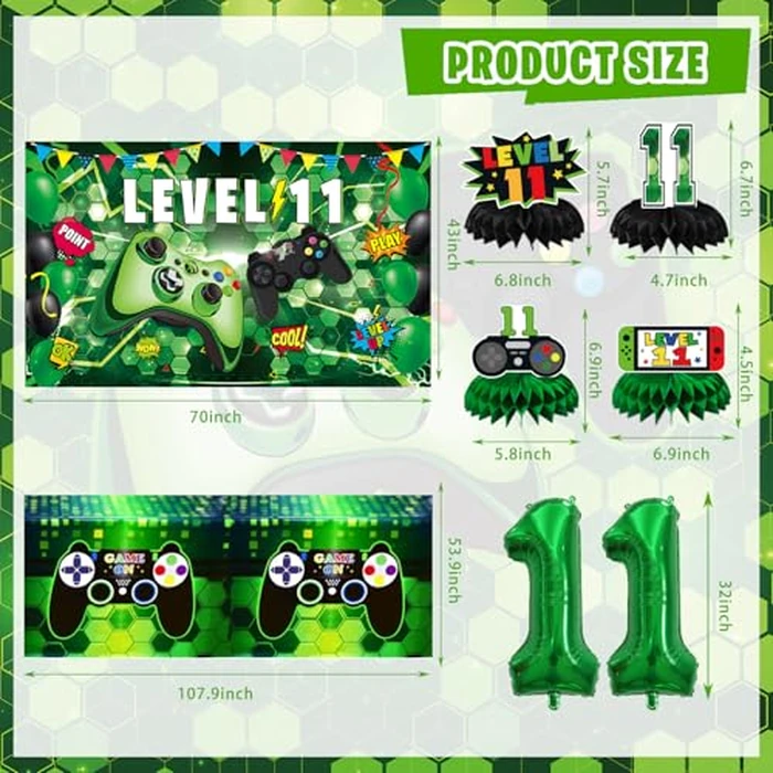 KOTLMIGHT 11th Birthday Decorations for Boys, 149Pcs Green Video Game level 11 Party Supplies for Boy 11th Birthday - Backdrop, Banner, Tablecloth, Centerpieces, Hanging Swirl, Hat, Wall Signs by KOTLMIGHT - Image 4