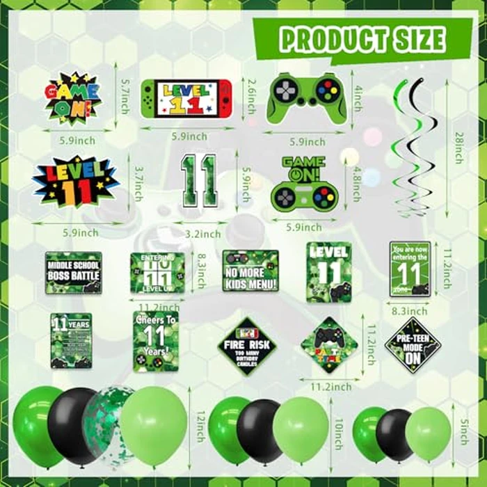 KOTLMIGHT 11th Birthday Decorations for Boys, 149Pcs Green Video Game level 11 Party Supplies for Boy 11th Birthday - Backdrop, Banner, Tablecloth, Centerpieces, Hanging Swirl, Hat, Wall Signs by KOTLMIGHT - Image 5