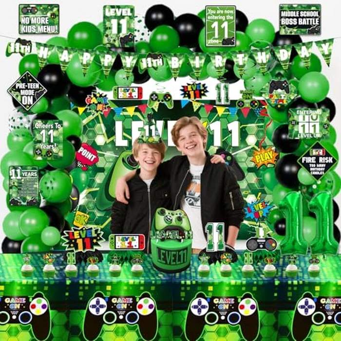 KOTLMIGHT 11th Birthday Decorations for Boys, 149Pcs Green Video Game level 11 Party Supplies for Boy 11th Birthday - Backdrop, Banner, Tablecloth, Centerpieces, Hanging Swirl, Hat, Wall Signs by KOTLMIGHT - Image 6
