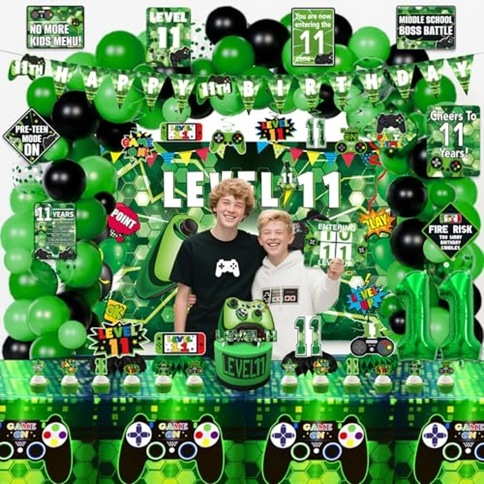 KOTLMIGHT 11th Birthday Decorations for Boys, 149Pcs Green Video Game level 11 Party Supplies for Boy 11th Birthday - Backdrop, Banner, Tablecloth, Centerpieces, Hanging Swirl, Hat, Wall Signs by KOTLMIGHT - Image 7