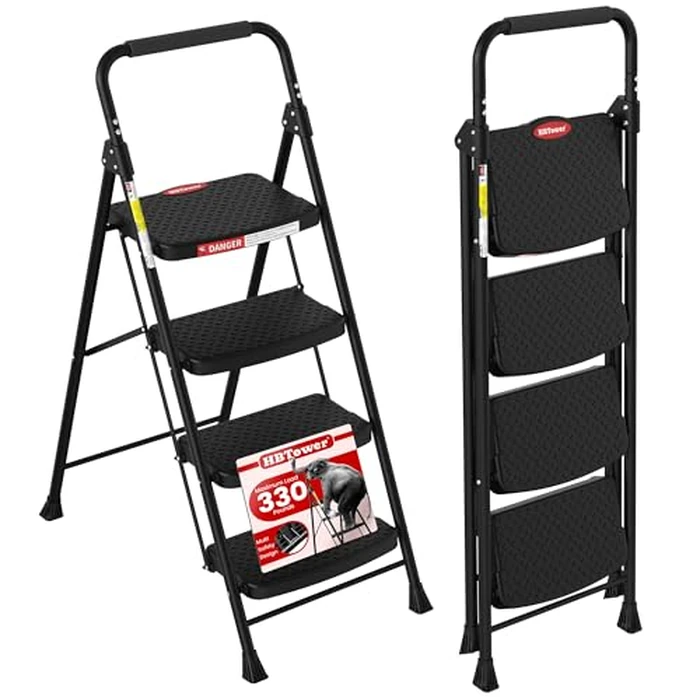 HBTower 4 Step Ladder, Step Stool Foldable with Wide Anti-Slip Pedal, Sturdy Steel Ladders for Home Adults Kitchen by HBTower - Image 1