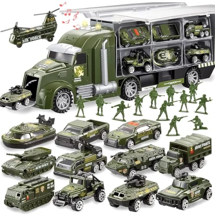 JOYIN 25 in 1 Military Kids Truck Toys for Age 3+, Toddler Boy Toys, Army Men Tanks Set with Soldier Men, Mini Battle Cars in Carrier Truck with Lights and Sounds, Gifts for Grandkids by JOYIN - Used - Like New condition - US$31.37