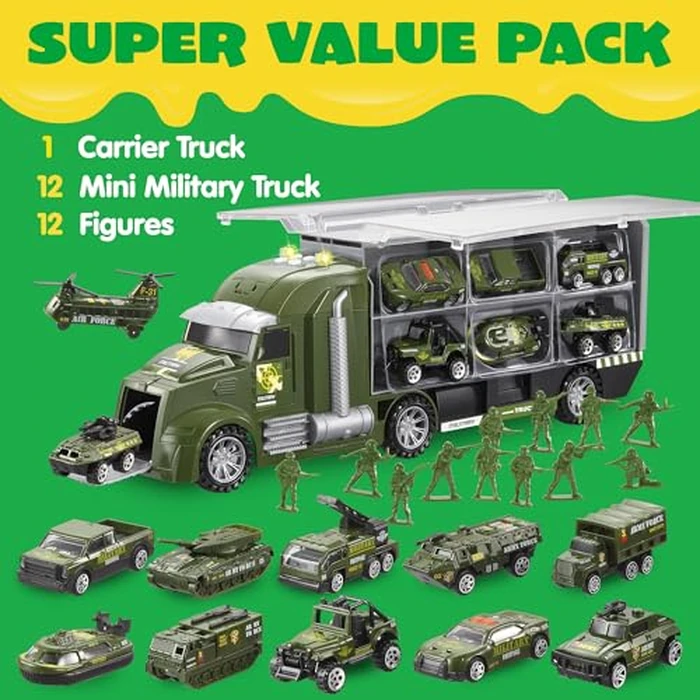 JOYIN 25 in 1 Military Kids Truck Toys for Age 3+, Toddler Boy Toys, Army Men Tanks Set with Soldier Men, Mini Battle Cars in Carrier Truck with Lights and Sounds, Gifts for Grandkids by JOYIN - Image 2