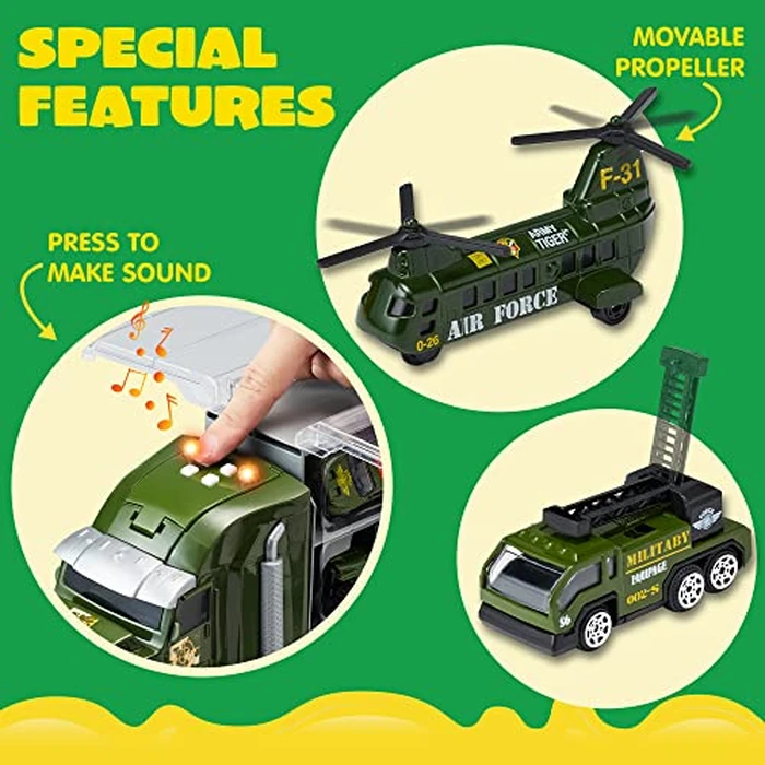 JOYIN 25 in 1 Military Kids Truck Toys for Age 3+, Toddler Boy Toys, Army Men Tanks Set with Soldier Men, Mini Battle Cars in Carrier Truck with Lights and Sounds, Gifts for Grandkids by JOYIN - Image 5