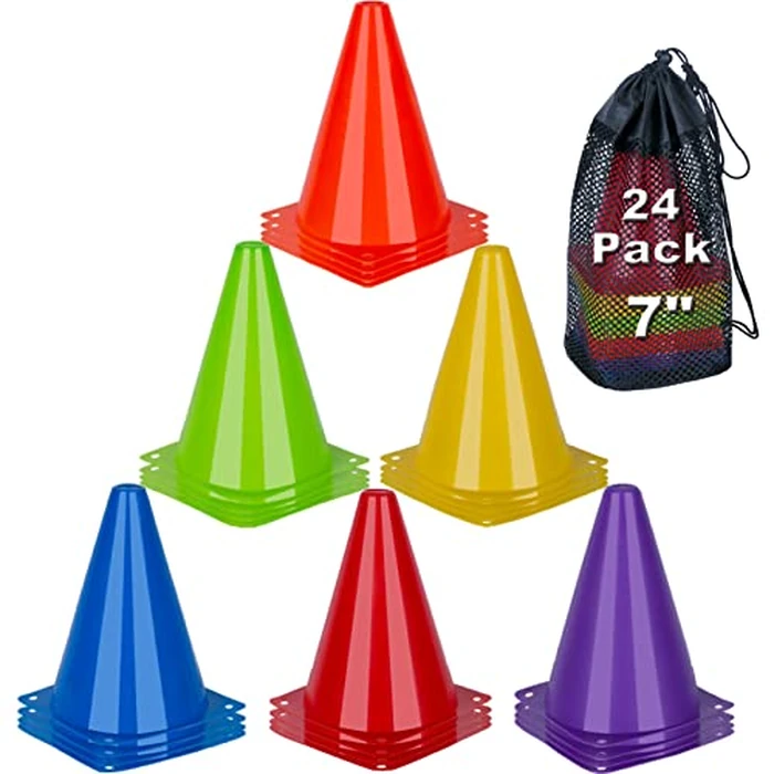 7 Inch Soccer Cones, 24 Pack Cones Sports Training Agility Field Marker Plastic Cones for Skating Basketball Football Practice Drills, Indoor Outdoor Activity Events Games Obstacle Course - 6 Colors by cyrico - Used - Like New condition - US$15.48