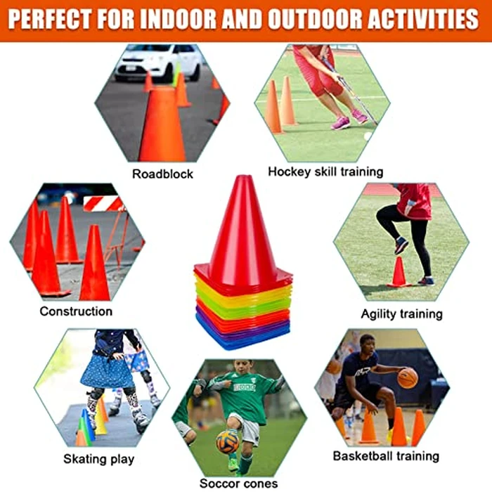 7 Inch Soccer Cones, 24 Pack Cones Sports Training Agility Field Marker Plastic Cones for Skating Basketball Football Practice Drills, Indoor Outdoor Activity Events Games Obstacle Course - 6 Colors by cyrico - Image 2