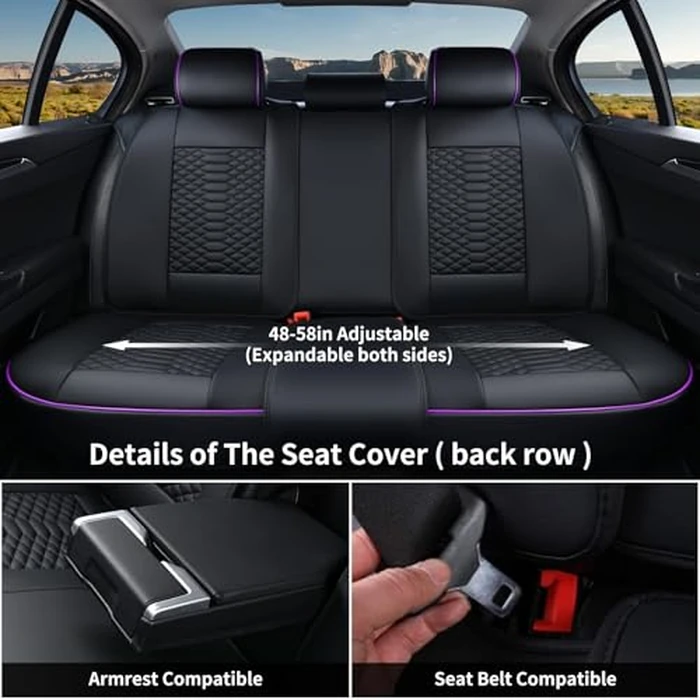 Coverado Leather Seat Covers, Car Seat Covers Full Set, Nappa Leather Seat Covers for Cars, Car Seat Protectors Waterproof, 5 Seats Black&Purple Automotive Seat Covers Fit for Most Cars Trucks by Coverado - Image 2