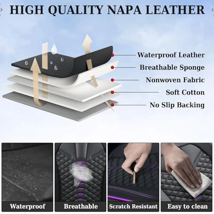 Coverado Leather Seat Covers, Car Seat Covers Full Set, Nappa Leather Seat Covers for Cars, Car Seat Protectors Waterproof, 5 Seats Black&Purple Automotive Seat Covers Fit for Most Cars Trucks by Coverado - Image 5