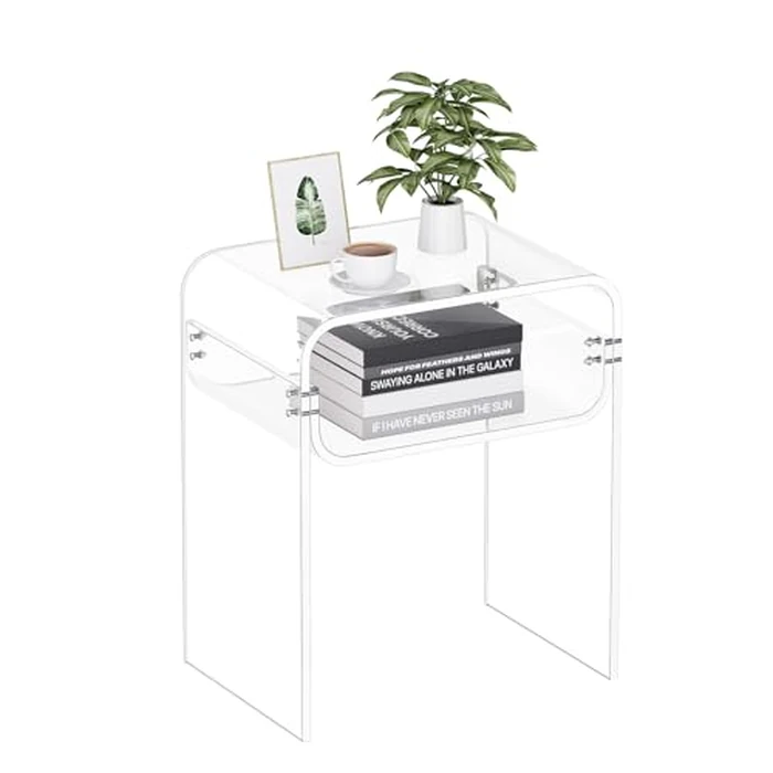 VEVOR Acrylic Side Table, 2-Tier Clear End Table with Storage Shelf, Modern Transparent Bedside Nightstand Lucite Desk for Bedroom, Living Room, Home Decor, 11.8" D x 15.7" W x 19.7" H by VEVOR - Used - Very Good condition