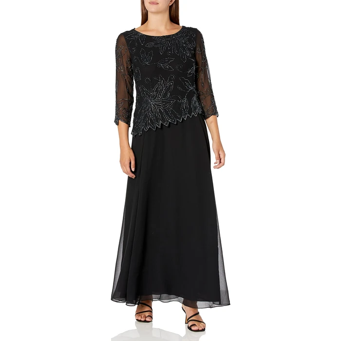 J Kara Women's 3/4 Floral Beaded Pop Over Gown Dress, Black/Gun, 16 by J Kara - Used - Like New condition