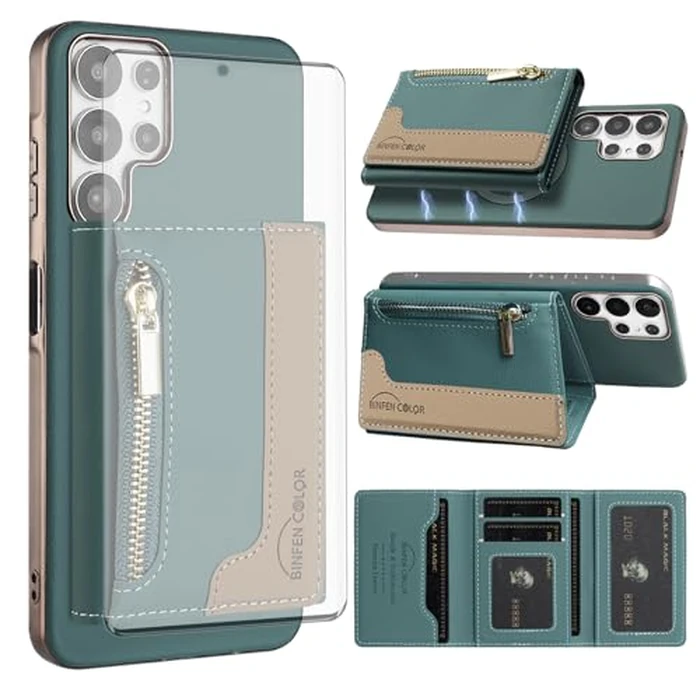 Asuwish Phone Case for Samsung Galaxy S25 Ultra 5G Wallet Cell Cover Compatible with Magsafe RFID Tempered Screen Protector Credit Card Holder Stand S25Ultra 25S S 25 25Ultra 6.9 2025 Women Men Green by Asuwish - Used - Acceptable condition - CA$8.79