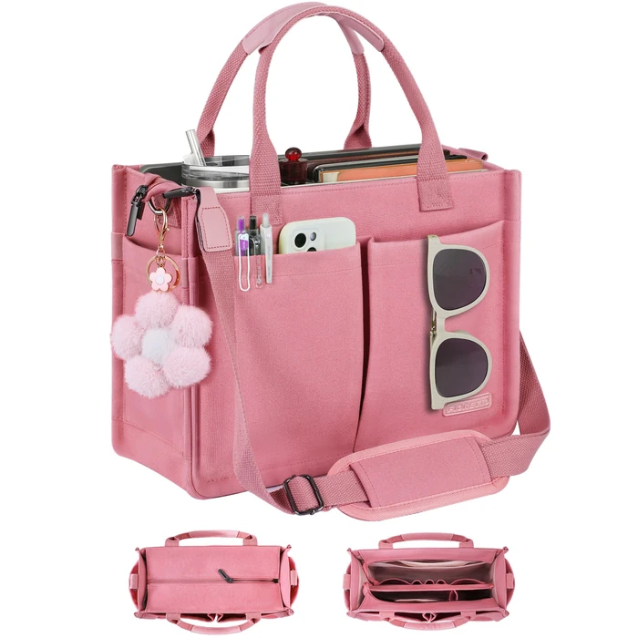 FIORETTO Women's Canvas Tote Bag with Zipper Top, Individual Compartments, Reinforced Bottom, Trolley Sleeve & Adjustable Strap, Doubles as a Crossbody Purse for Work, Travel & Bible, Pink Blush L by FIORETTO - Image 1