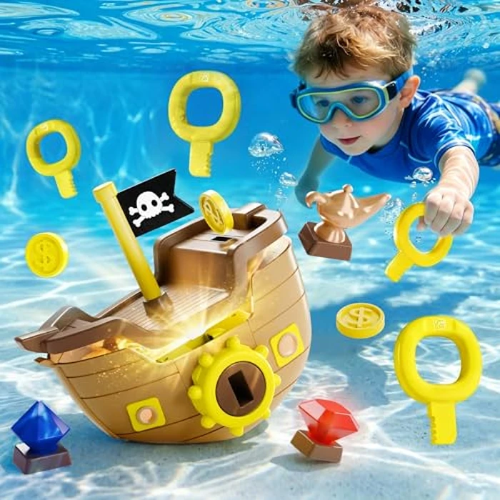 Funscape Kids Pool Diving Toy, Treasure Pirate Ship Diving Pool Game Water Play W/ Key Coin Gem, Toddler Swim Dive Toy Lake Bath Tub, Outdoor Summer Party Gift 3 4 5 6 7 8 Year Old Boy Girl Child Teen by Funscape - Used - Very Good condition