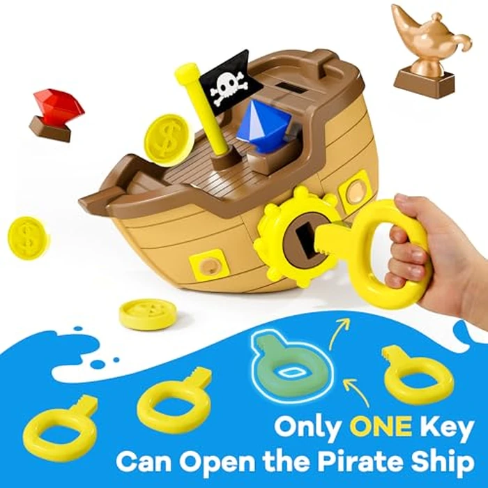 Funscape Kids Pool Diving Toy, Treasure Pirate Ship Diving Pool Game Water Play W/ Key Coin Gem, Toddler Swim Dive Toy Lake Bath Tub, Outdoor Summer Party Gift 3 4 5 6 7 8 Year Old Boy Girl Child Teen by Funscape - Image 2
