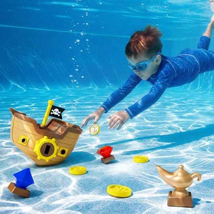 Funscape Kids Pool Diving Toy, Treasure Pirate Ship Diving Pool Game Water Play W/ Key Coin Gem, Toddler Swim Dive Toy Lake Bath Tub, Outdoor Summer Party Gift 3 4 5 6 7 8 Year Old Boy Girl Child Teen by Funscape - Image 3