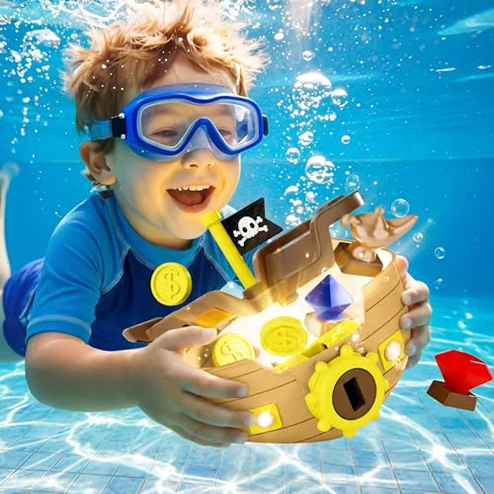 Funscape Kids Pool Diving Toy, Treasure Pirate Ship Diving Pool Game Water Play W/ Key Coin Gem, Toddler Swim Dive Toy Lake Bath Tub, Outdoor Summer Party Gift 3 4 5 6 7 8 Year Old Boy Girl Child Teen by Funscape - Image 4