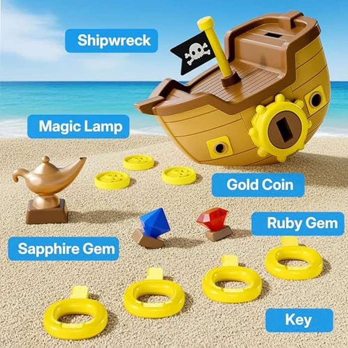 Funscape Kids Pool Diving Toy, Treasure Pirate Ship Diving Pool Game Water Play W/ Key Coin Gem, Toddler Swim Dive Toy Lake Bath Tub, Outdoor Summer Party Gift 3 4 5 6 7 8 Year Old Boy Girl Child Teen by Funscape - Image 7